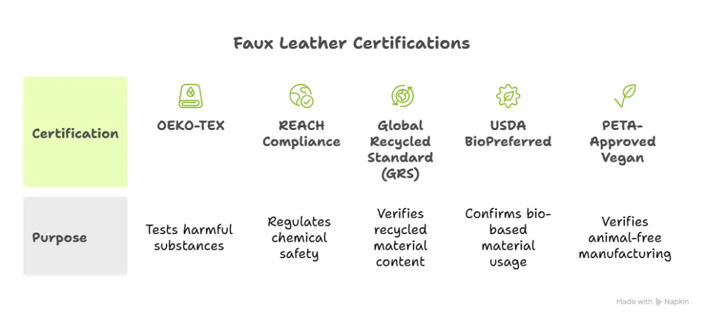 Chart displaying major faux leather certifications including OEKO-TEX, REACH, GRS, USDA Biopreferred, and PETA Approved Vegan