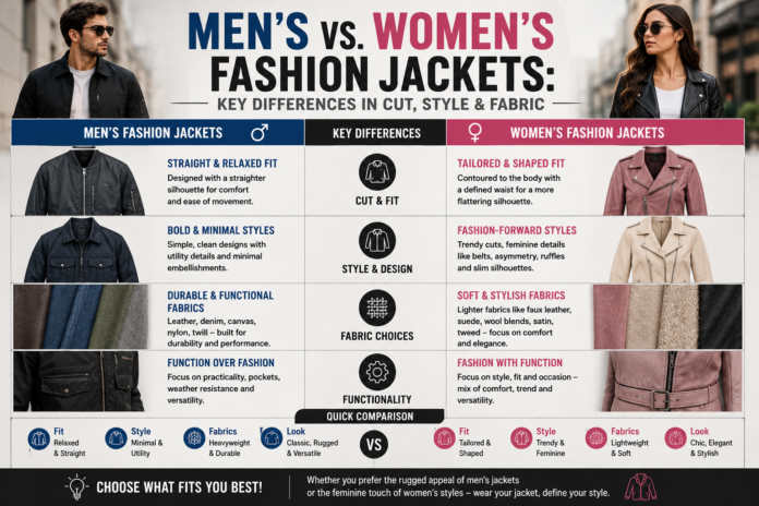 Comparison of men’s and women’s fashion jackets showing differences in fit, fabric, tailoring, and modern outerwear styling.
