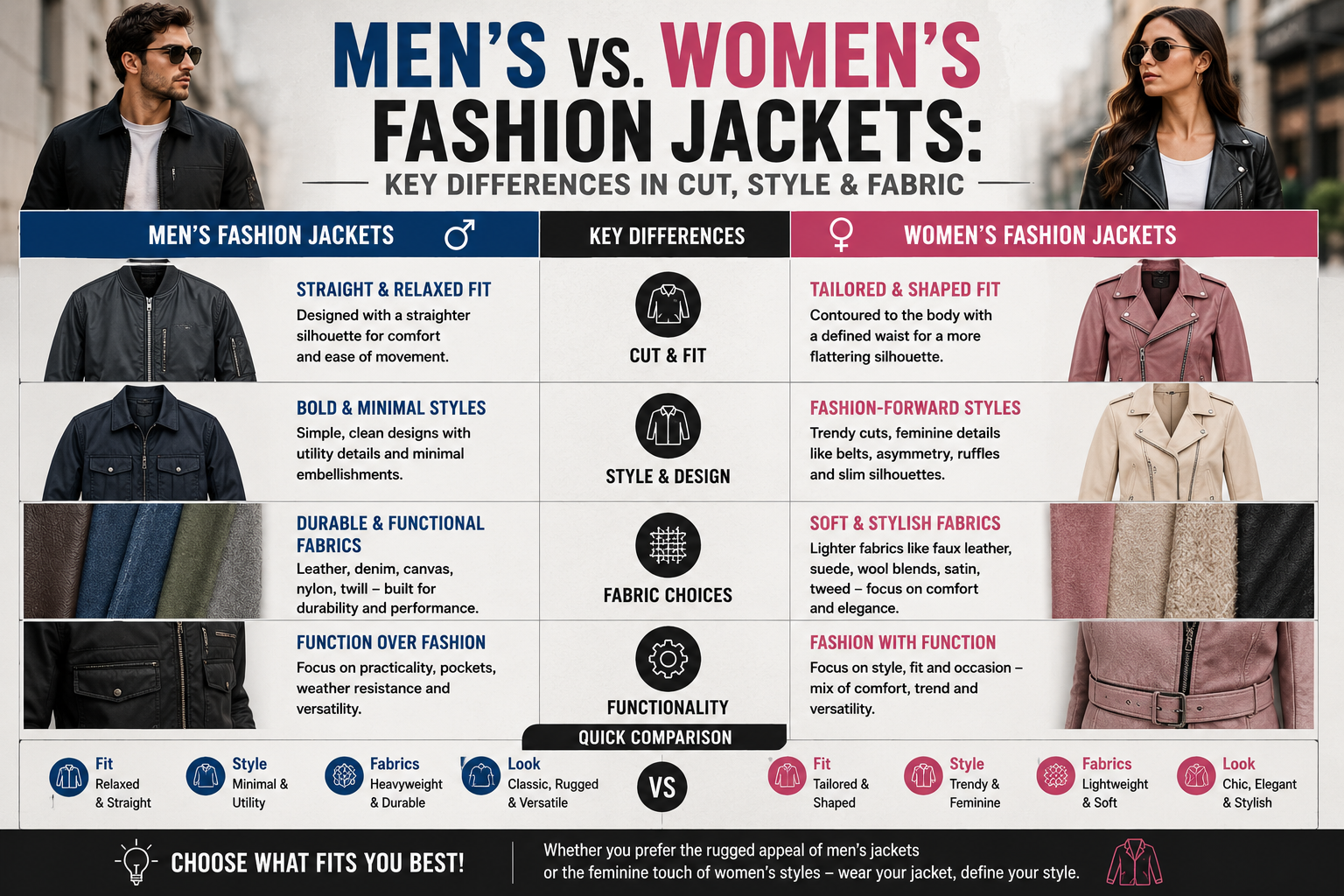 Men’s vs. Women’s Fashion Jackets: Key Differences in Cut, Style & Fabric Comparison of men’s and women’s fashion jackets showing differences in fit, fabric, tailoring, and modern outerwear styling.