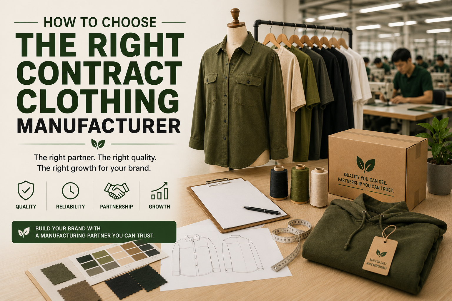 How to Choose the Right Contract Clothing Manufacturer Featured image showing a professional apparel manufacturing workspace with garment samples, fabric swatches, packaging, and clothing production setup representing how to choose the right contract clothing manufacturer.