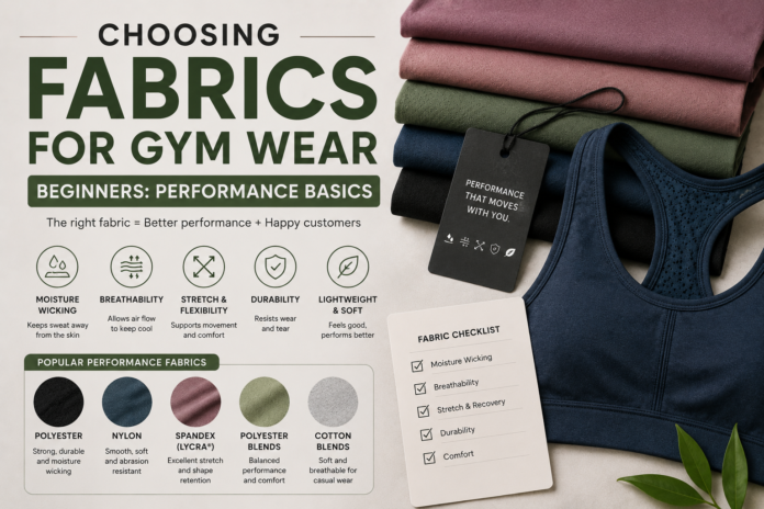 Editorial-style gym wear fabric guide featuring performance activewear materials, folded fabric swatches, and modern fitness apparel in a clean minimal layout.
