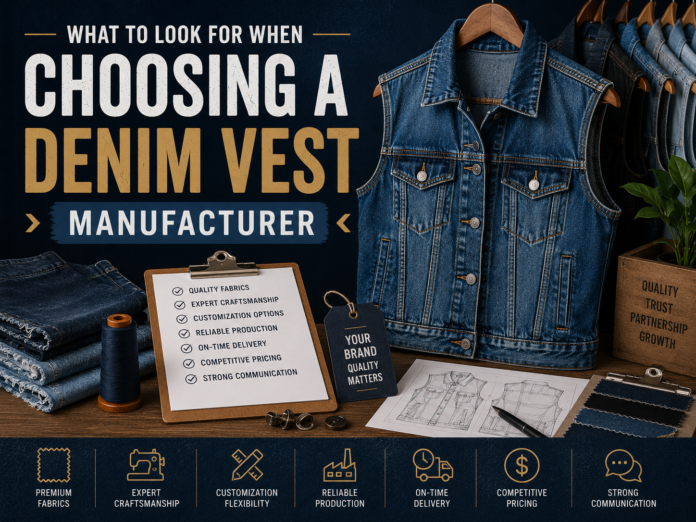Denim vest manufacturing workspace with denim vest designs, fabric swatches, and apparel development materials.