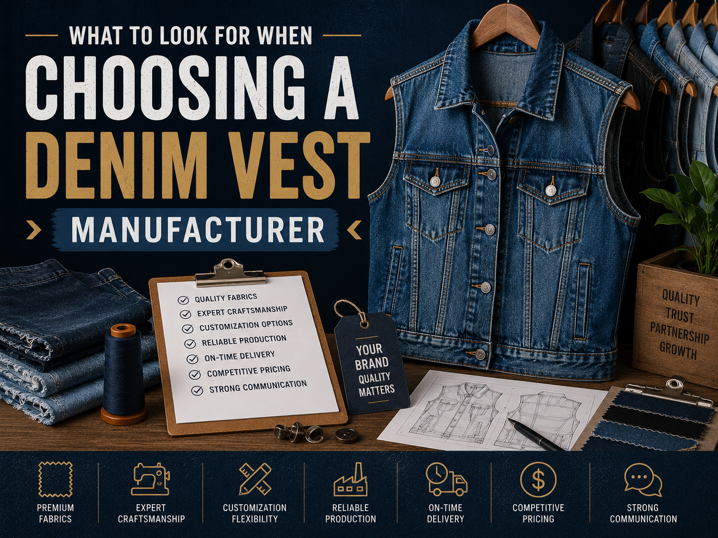 What to Look for When Choosing a Denim Vest Manufacturer Denim vest manufacturing workspace with denim vest designs, fabric swatches, and apparel development materials.
