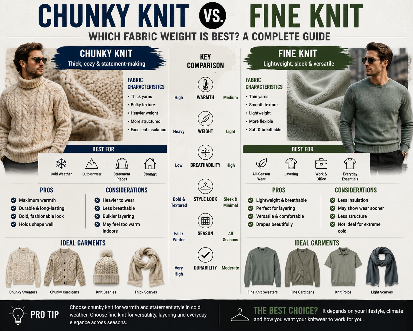 Chunky Knit vs. Fine Knit: Which Fabric Weight is Best A Complete Guide Comparison of chunky knit and fine knit fabrics showing differences in texture, warmth, weight, layering, and knitwear fashion styling.