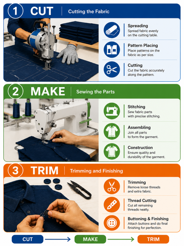 Infographic illustrating the clothing production workflow in three stages: cutting fabric, sewing parts, and trimming and finishing.