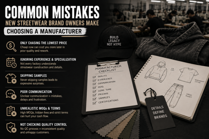 Dark editorial-style streetwear manufacturing image featuring apparel sketches, fabric swatches, hoodies, factory workspace, and product development elements for emerging fashion brands.