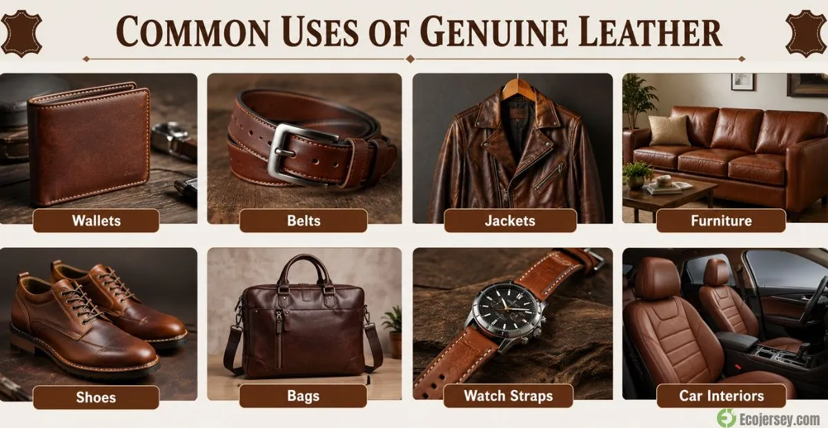 Infographic showing common uses of genuine leather products