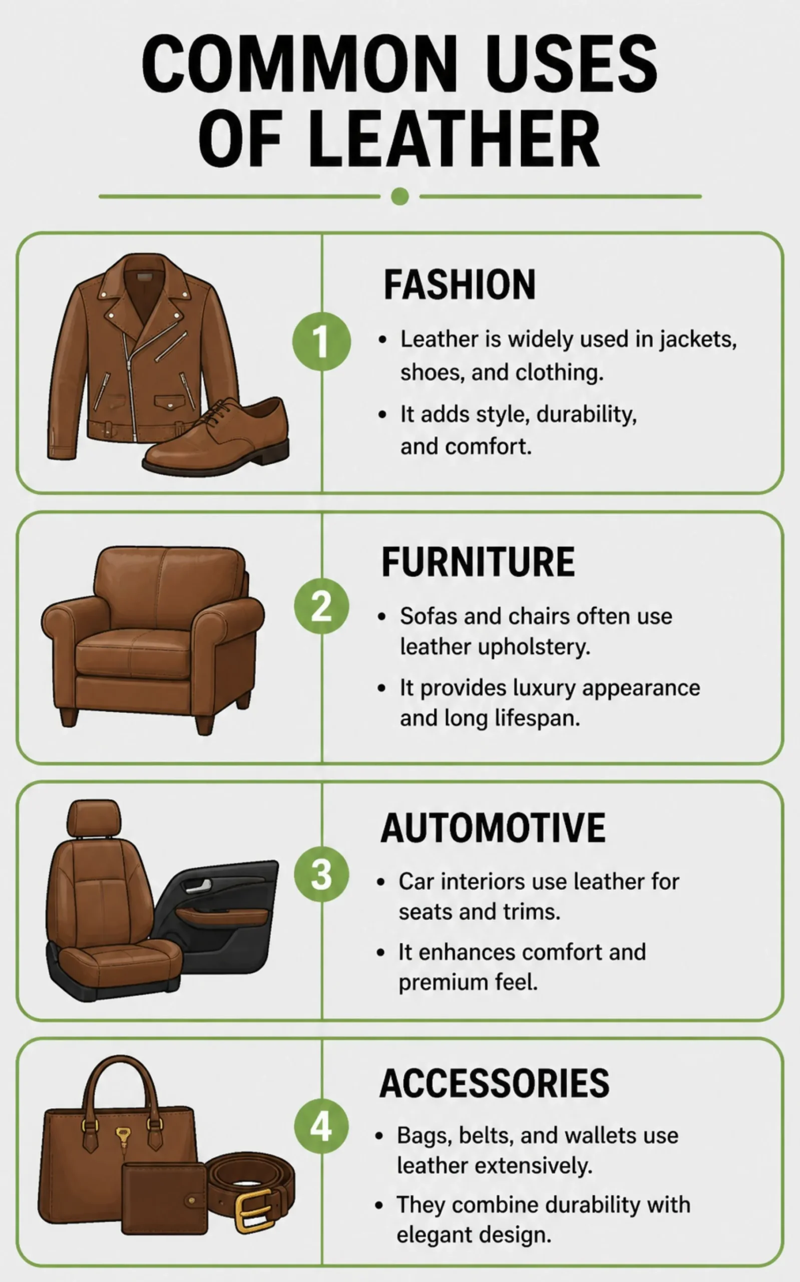Common uses of leather infographic featuring fashion, furniture, automotive, and accessories