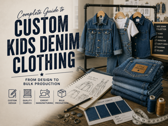 Custom kids denim clothing collection with denim jackets, overalls, and apparel development materials.