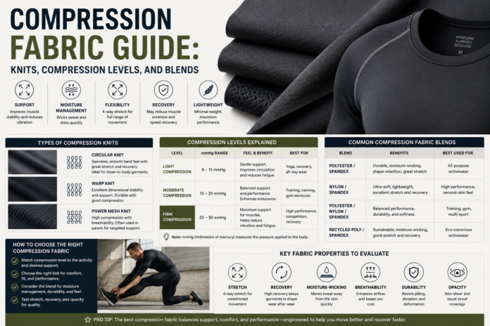 Modern compression fabric guide featuring performance activewear materials, knit textures, compression apparel, and fabric blend samples arranged in a clean editorial-style layout.