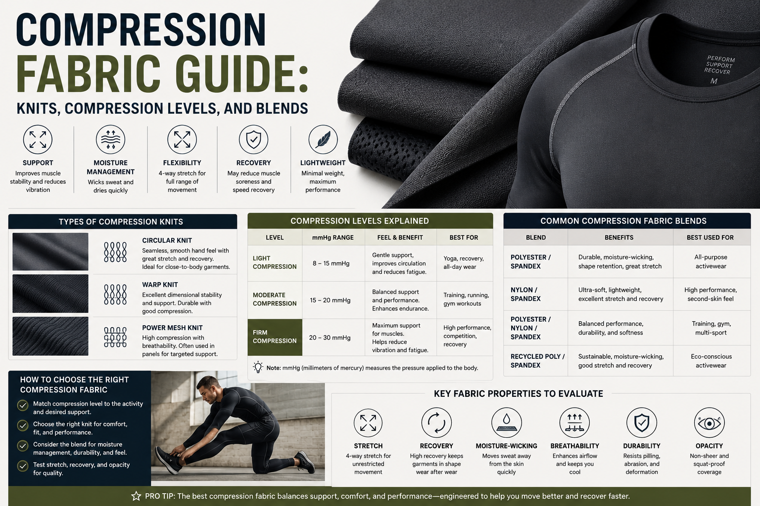 Compression Fabric Guide: Knits Compression Levels and Blends Modern compression fabric guide featuring performance activewear materials, knit textures, compression apparel, and fabric blend samples arranged in a clean editorial-style layout.