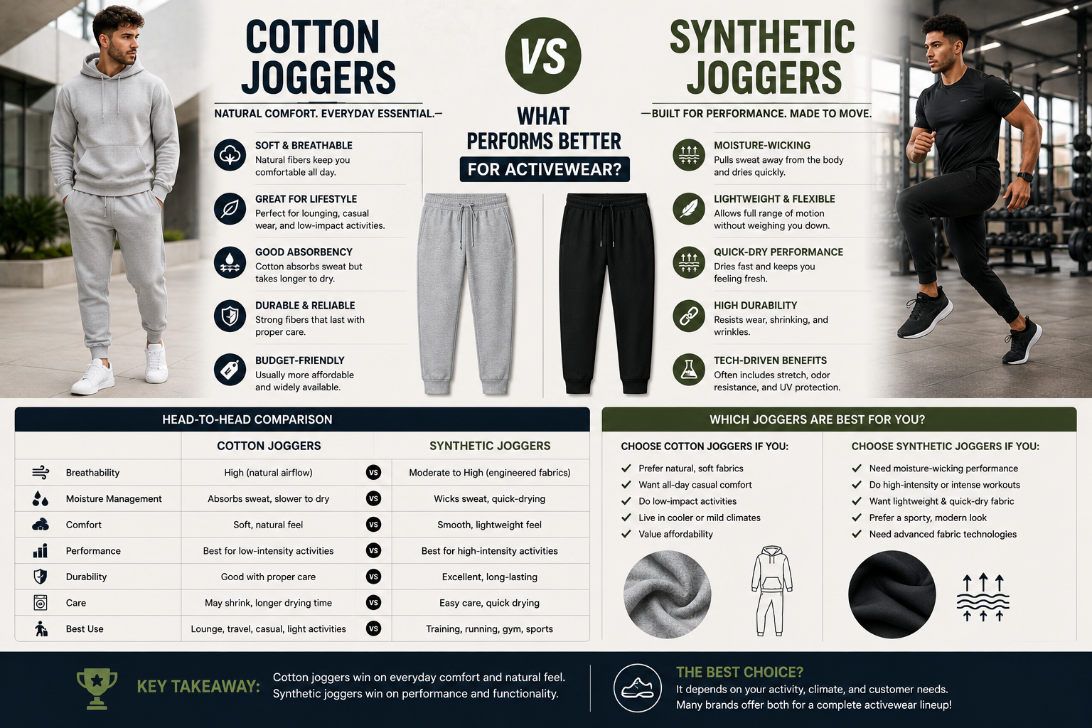 Cotton Joggers vs Synthetic Joggers: What Performs Better for Activewear? Modern comparison image featuring cotton joggers and synthetic joggers styled for activewear, highlighting comfort, performance fabrics, and athletic functionality in a clean editorial layout.