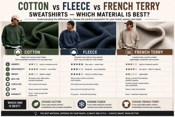 Modern sweatshirt fabric comparison image featuring cotton, fleece, and French terry materials with texture close-ups and contemporary streetwear sweatshirt styling.