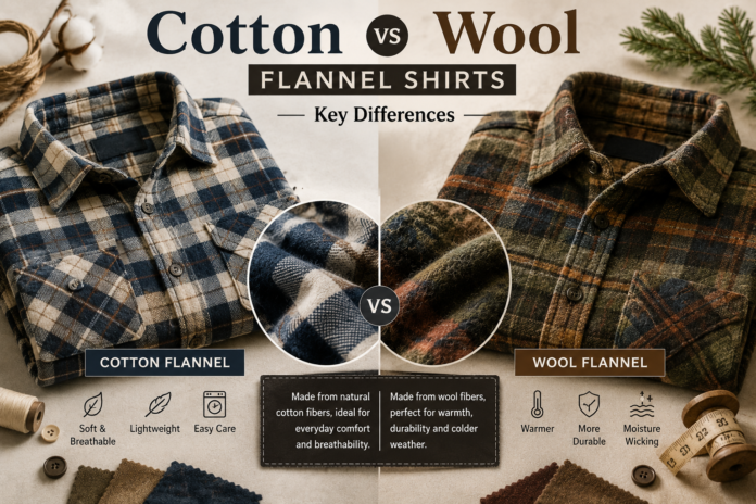 Side-by-side comparison of cotton and wool flannel shirts showing fabric texture, warmth, softness, and durability differences.