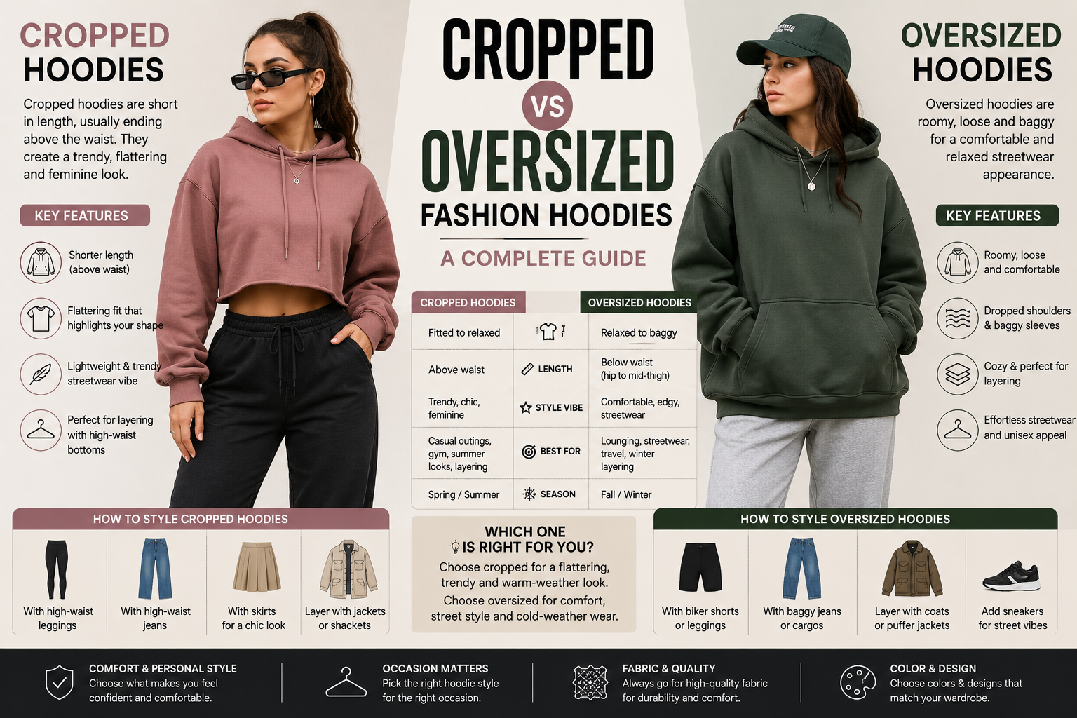 Cropped vs Oversized Fashion Hoodies: A Complete Guide Modern fashion hoodie comparison image featuring cropped hoodies and oversized hoodies with contemporary streetwear styling, relaxed silhouettes, and trendy casualwear aesthetics.