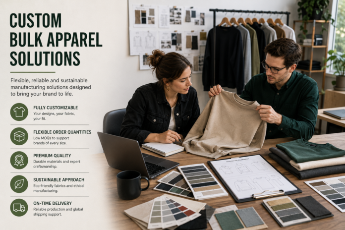 Custom Bulk Apparel Solutions for fashion brands featuring sustainable garment development, bulk clothing production, fabric sourcing, and apparel customization in a modern manufacturing workspace.