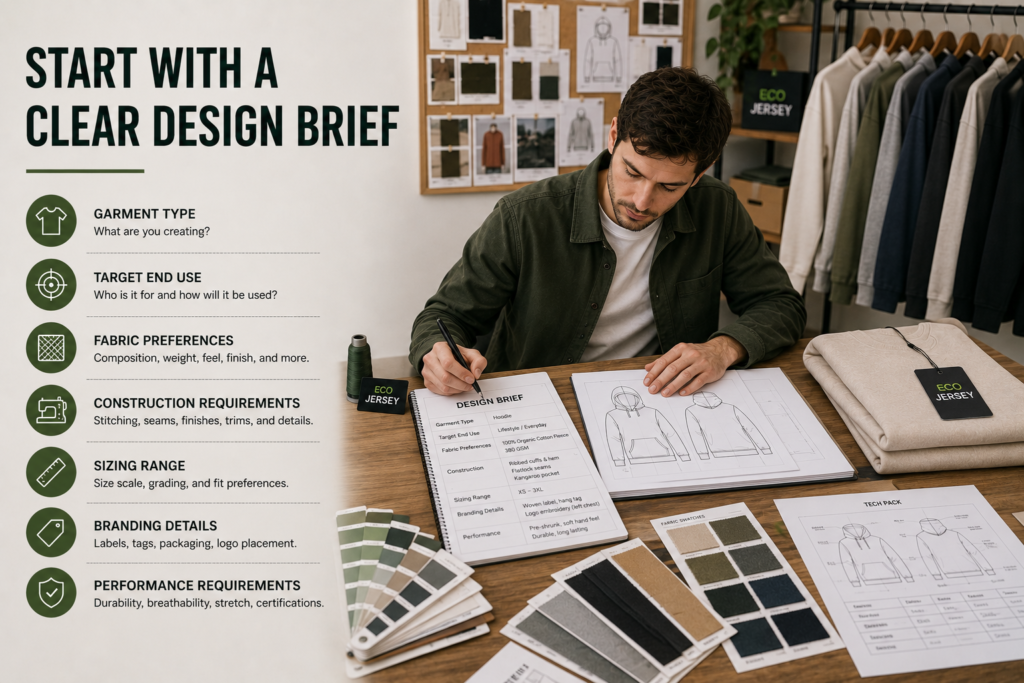 Custom Bulk Apparel Solutions with detailed garment design briefs, tech pack development, fabric selection, and apparel planning inside a professional clothing design studio.