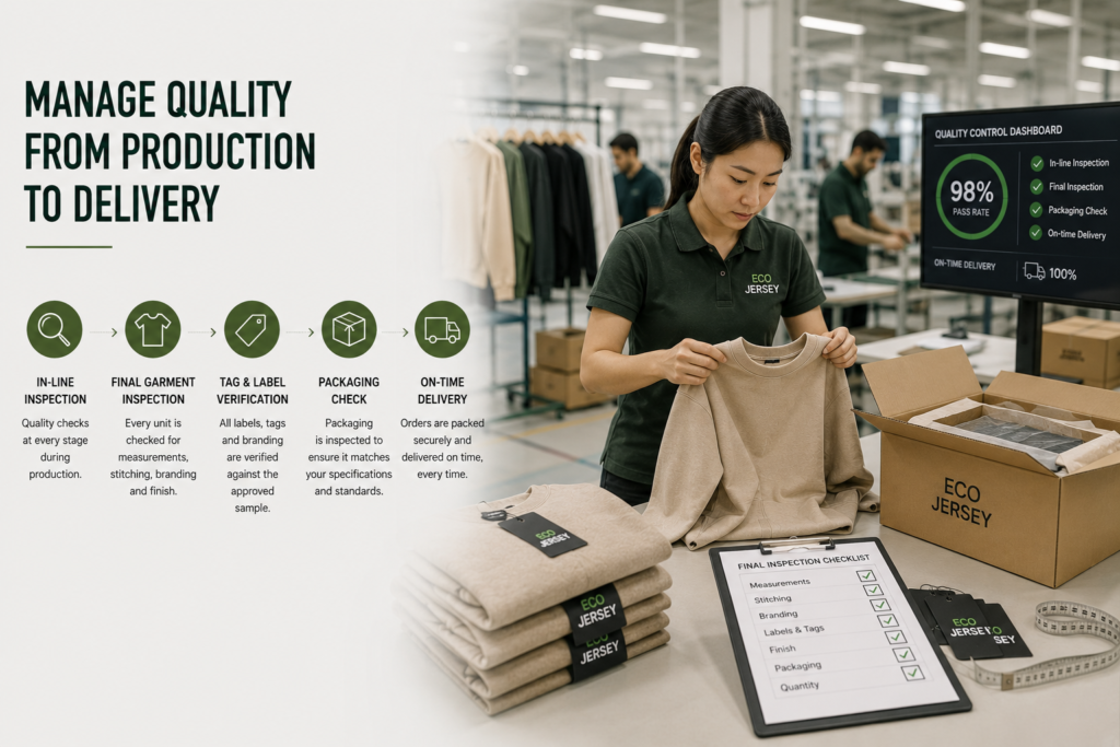Custom Bulk Apparel Solutions with apparel quality inspection, packaging verification, final garment checks, and delivery management inside a modern clothing factory.