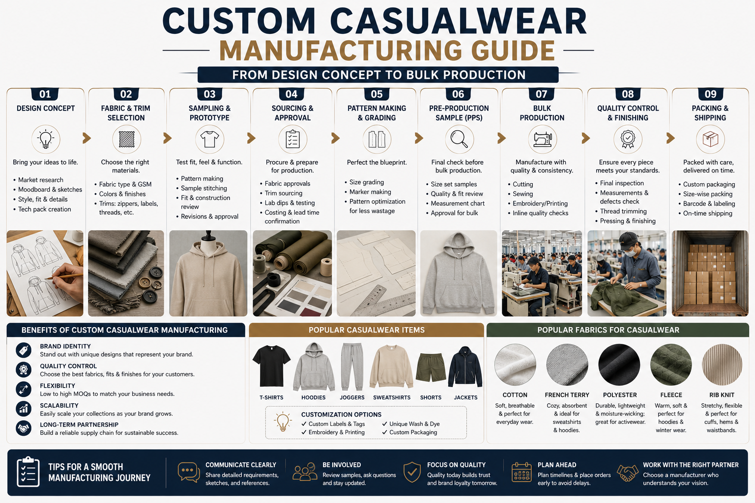 Custom Casualwear manufacturing guide – From Design Concept to Bulk Production Modern casualwear manufacturing infographic featuring apparel design development, fabric sourcing, sampling, bulk production, quality control, and custom clothing manufacturing processes.