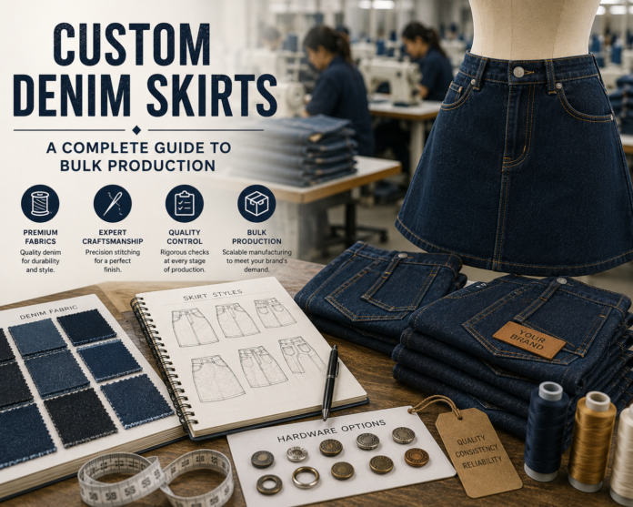 Custom denim skirt production workspace with denim samples, skirt designs, and apparel manufacturing materials.