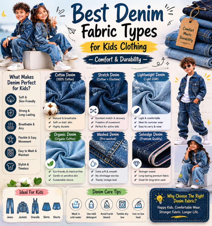 Kids denim fabric guide infographic showcasing different denim fabric types including cotton denim, stretch denim, lightweight denim, organic denim, and selvedge denim for children’s clothing. Denim Fabric Types for Kids Clothing