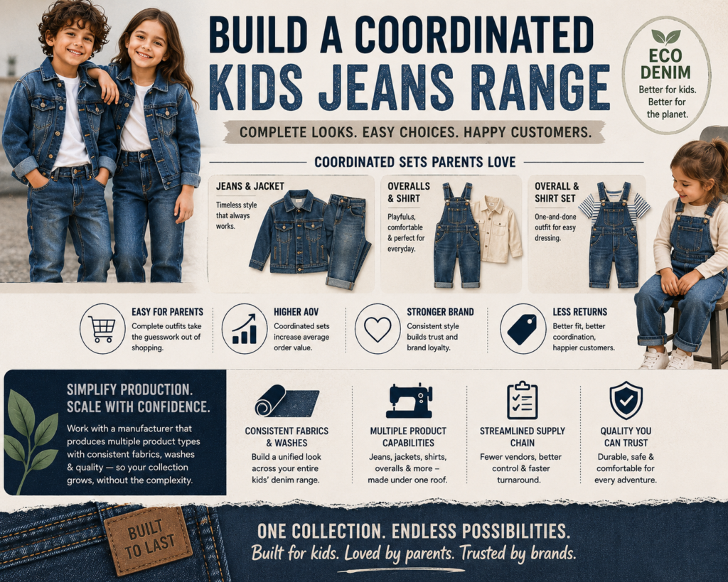 Kids denim collection infographic featuring coordinated denim outfits including jeans, jackets, overalls, and shirts designed to create consistent branding and simplified product ranges.