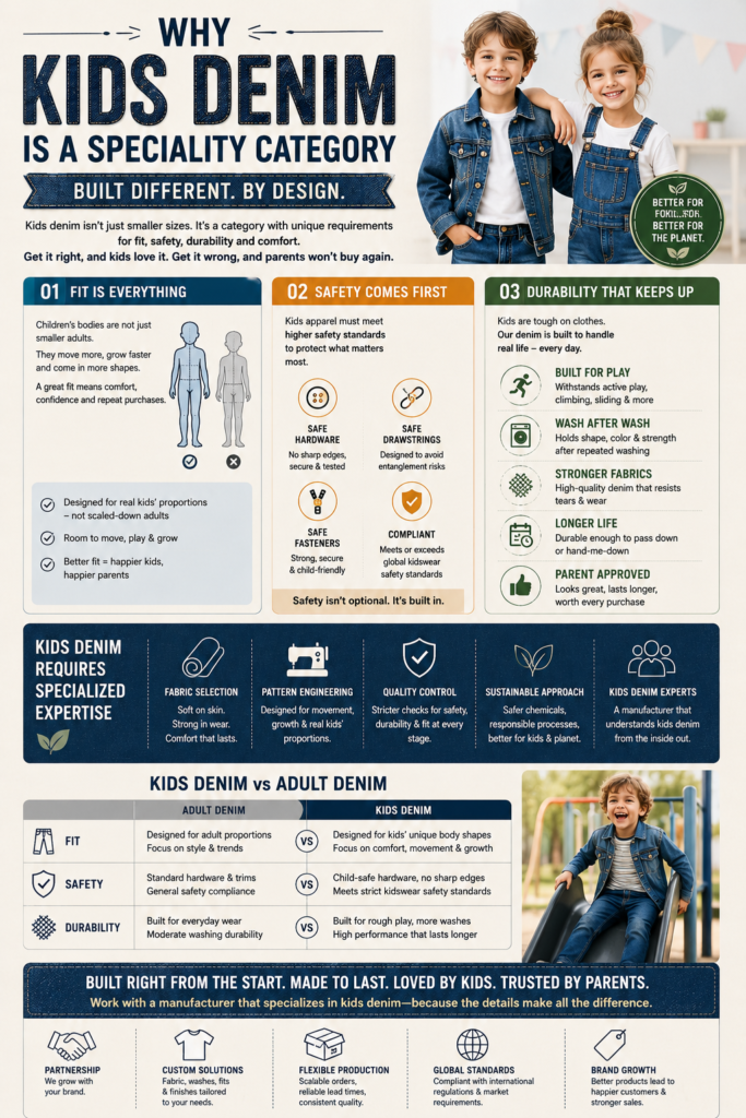 Kids denim manufacturing infographic explaining the importance of proper fit, child safety standards, durable fabrics, and specialized production expertise for children’s denim apparel.