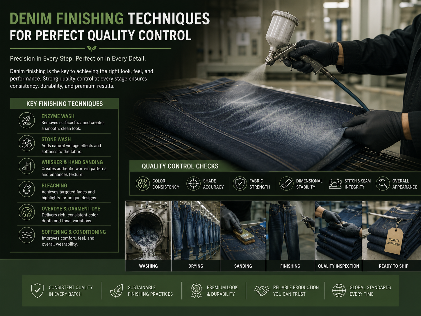 Denim Finishing Techniques for Perfect Quality Control Denim finishing process showing washing, sanding, spraying, and quality control techniques inside a professional denim manufacturing facility.