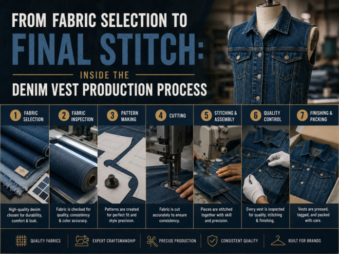 Denim vest production process with fabric selection, cutting, stitching, and garment finishing workspace.