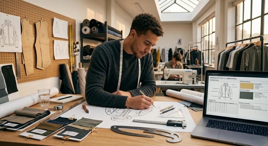 Fashion designer creating a clothing tech pack and garment sketch in a modern apparel studio surrounded by fabric swatches, sewing tools, and production samples.