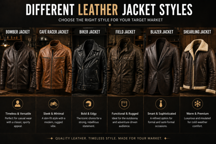 Different leather jacket styles including bomber, café racer, biker, field, blazer, and shearling jackets displayed in a premium fashion showroom for target market selection.