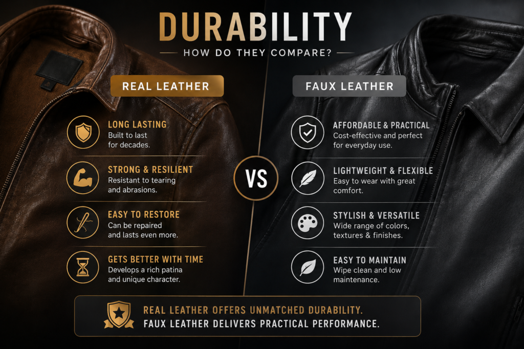 Durability comparison between real leather and faux leather for premium jackets and long-lasting apparel manufacturing