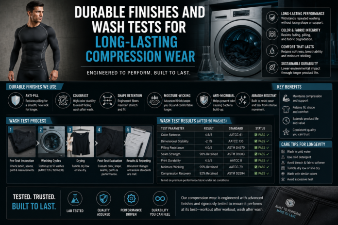 Modern compression wear durability infographic featuring performance leggings, fabric testing, wash resistance, stitching quality, and long-lasting activewear materials in a clean editorial-style layout.