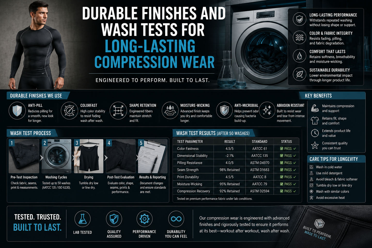 Finishes and Washing Tests for Compression Wear Modern compression wear durability infographic featuring performance leggings, fabric testing, wash resistance, stitching quality, and long-lasting activewear materials in a clean editorial-style layout.