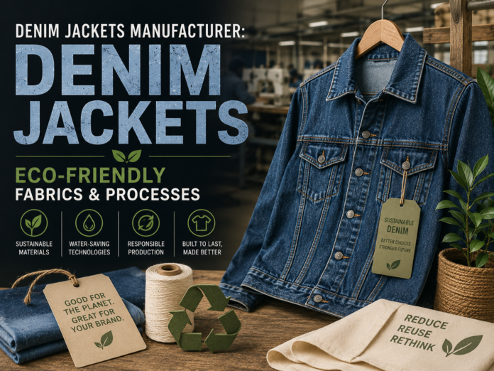 Eco-friendly denim manufacturing process showcased Eco-friendly denim jacket manufacturing setup with sustainable denim materials and production workspace.
