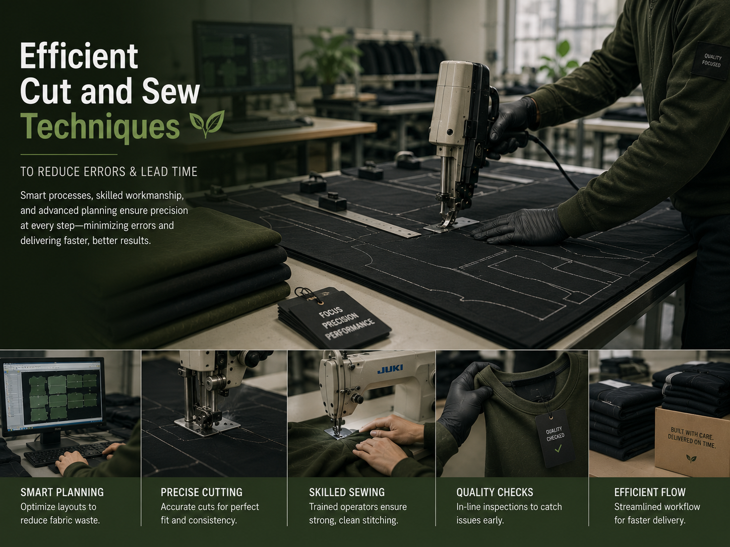 Efficient Cut and Sew Techniques to Reduce Errors & Lead Time Modern cut and sew apparel production process with precision fabric cutting and garment quality control.
