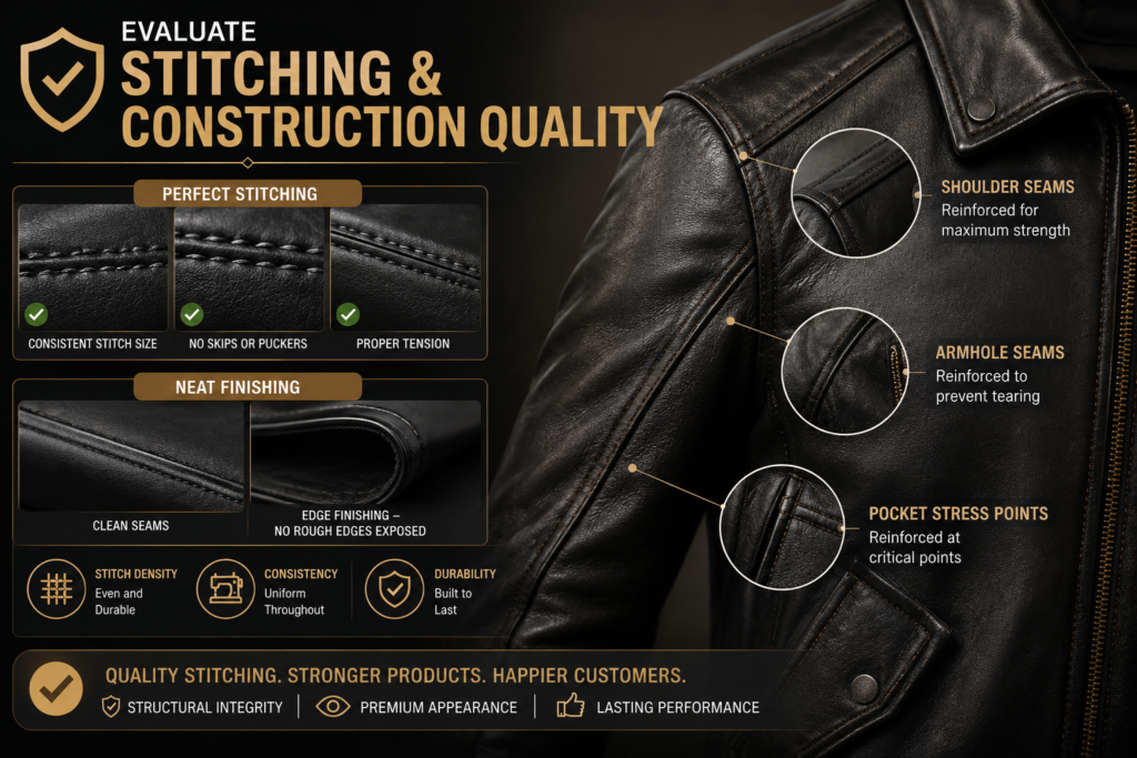 Close-up leather jacket stitching quality inspection showing reinforced seams, clean edge finishing, consistent stitch density, and durable leather construction details.