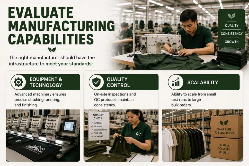 Infographic highlighting apparel manufacturing capabilities including advanced production equipment, quality control inspections, scalable garment production, and modern factory operations.