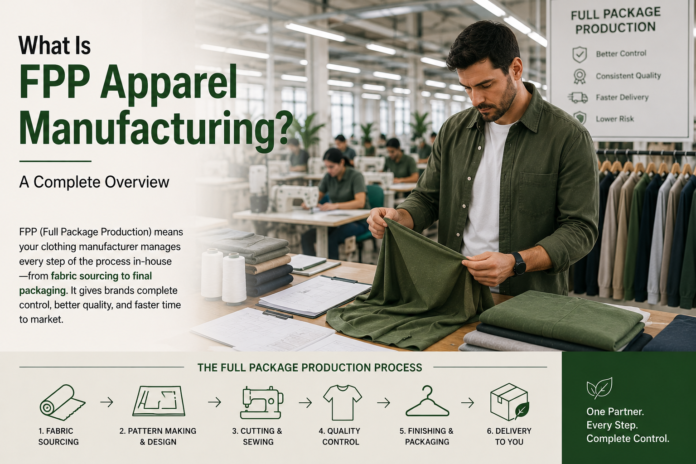 FPP Apparel Manufacturing process overview featuring fabric sourcing, pattern making, cutting, sewing, quality control, finishing, packaging, and full-package garment production.