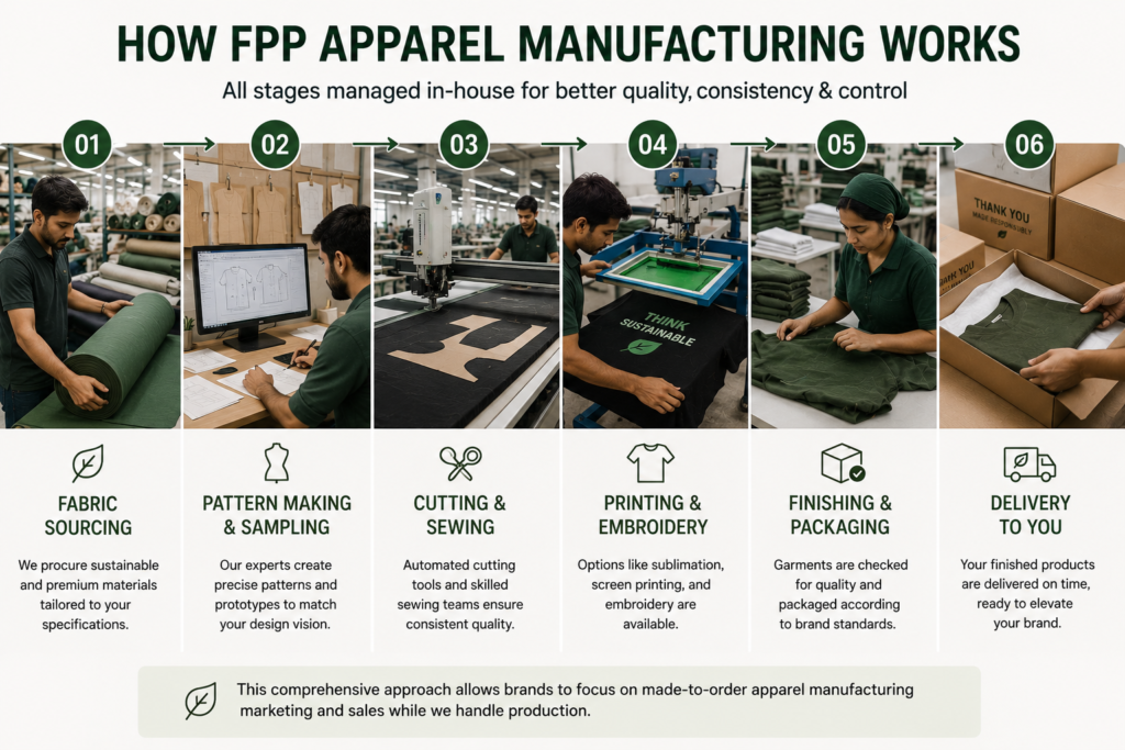 Step-by-step FPP Apparel Manufacturing process showing fabric sourcing, pattern making, automated cutting, sewing, printing, embroidery, quality inspection, finishing, packaging, and apparel delivery operations.