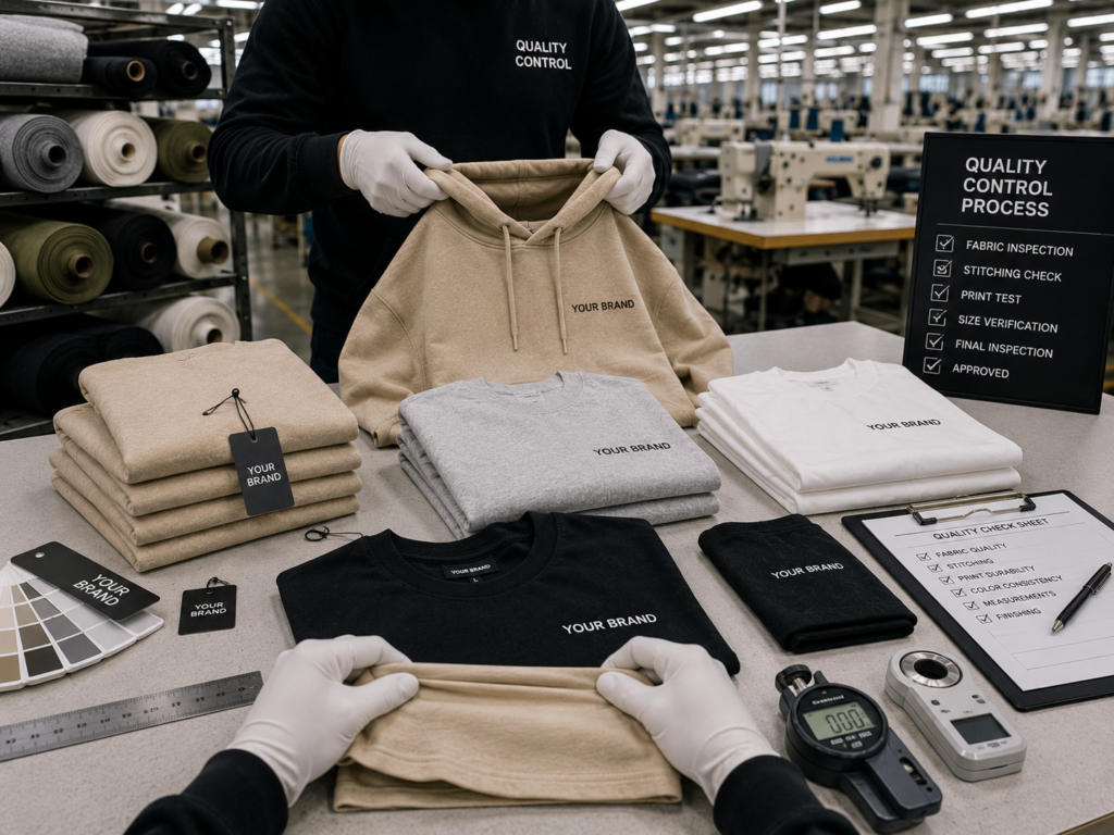 Fabric quality inspection in a garment factory.