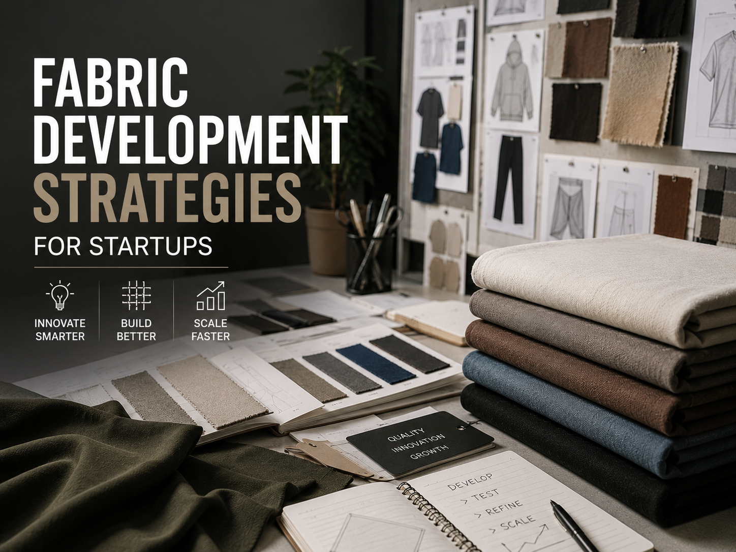 Fabric Development Strategies for Startups Fabric development workspace with textile swatches, apparel sketches, and premium fabrics for scalable clothing production.