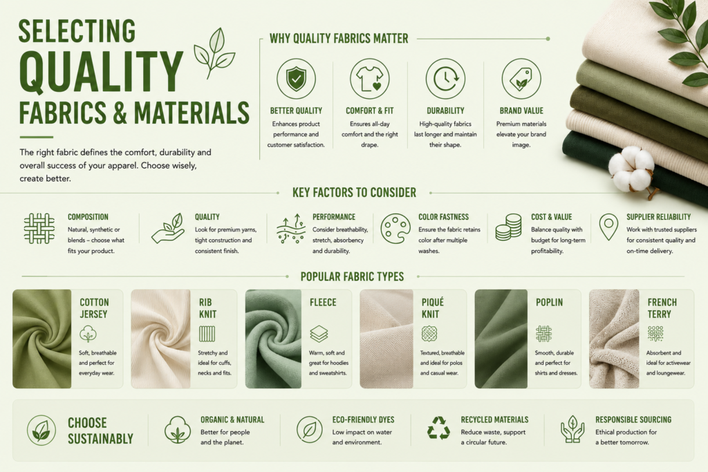 Fabric selection guide showing how to choose quality and sustainable materials for clothing manufacturing.