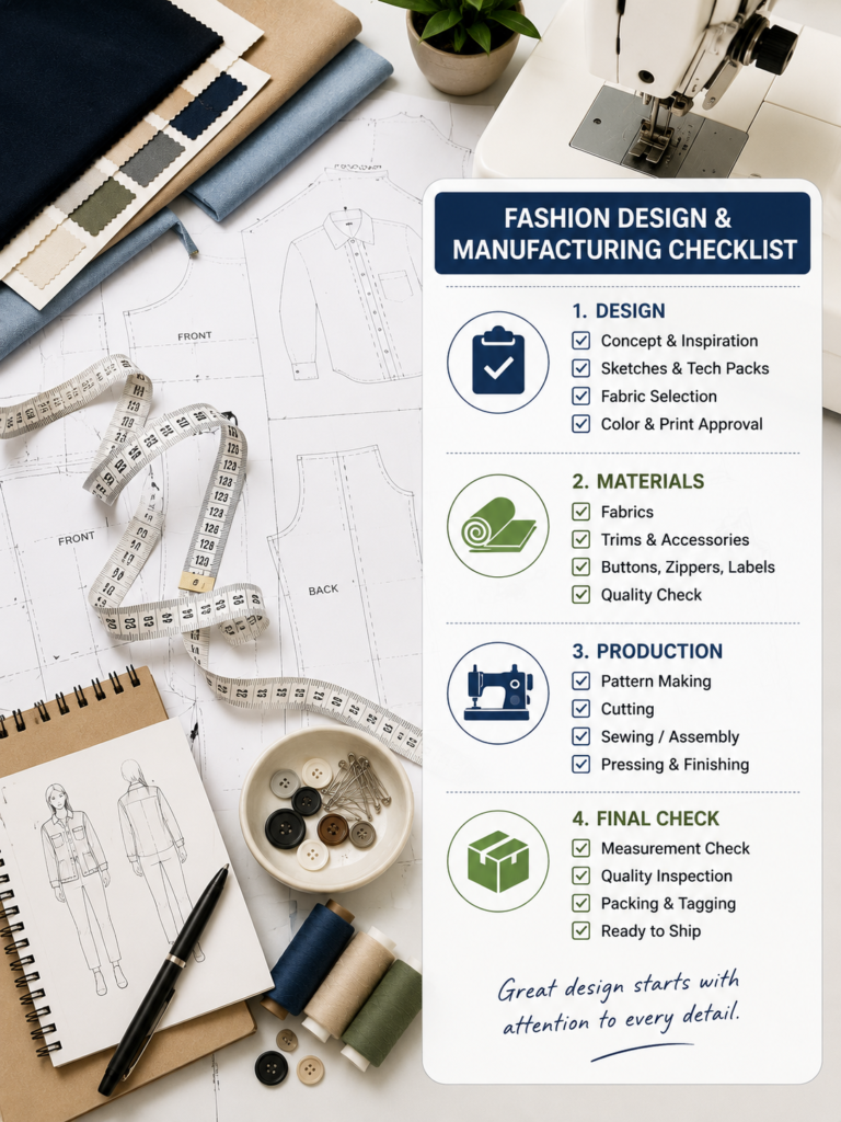 Overhead view of a fashion design workspace featuring fabric swatches, a sewing pattern, measuring tape, a notebook with clothing sketches, thread spools, buttons and pins, a sewing machine in the background, and a prominent checklist titled "Fashion Design & Manufacturing Checklist" with steps from design to final check.
