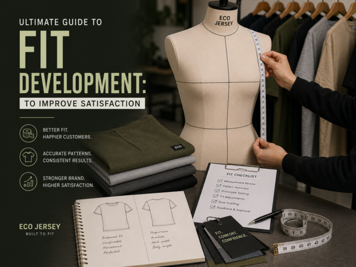 Garment fit development process with size measurement tools and apparel fitting workspace.