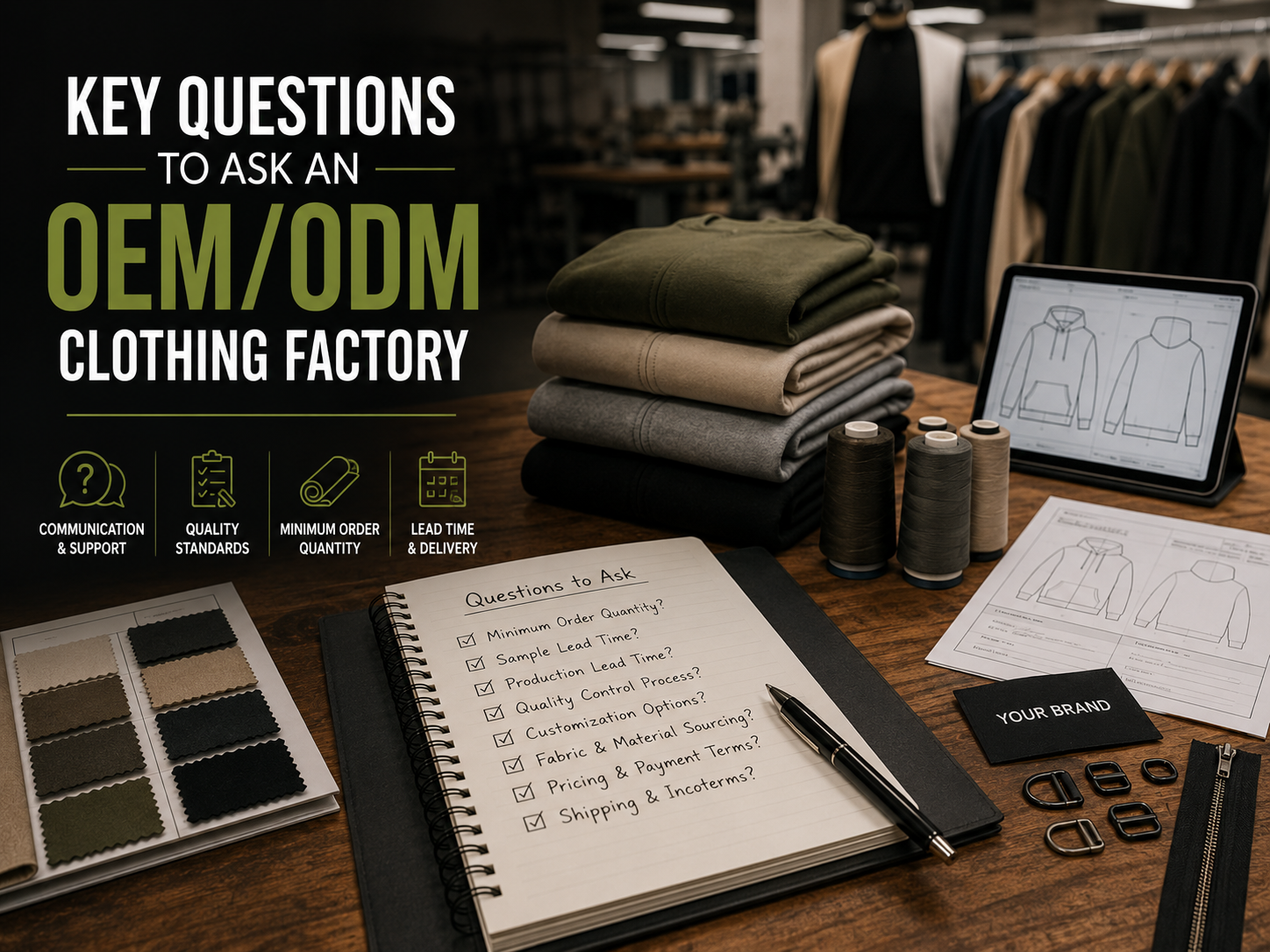 Key Questions to Ask an OEM/ODM Clothing Factory A wooden workspace with a checklist notebook, fabric swatches, folded clothes, thread spools, and a tablet showing clothing designs, with a garment factory in the background.