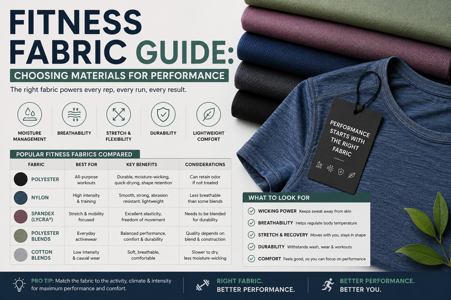 Fitness Fabric Guide: Choosing Materials for Performance Modern fitness fabric guide featuring activewear materials, performance fabric textures, and athletic apparel arranged in a clean editorial-style layout with minimal typography.