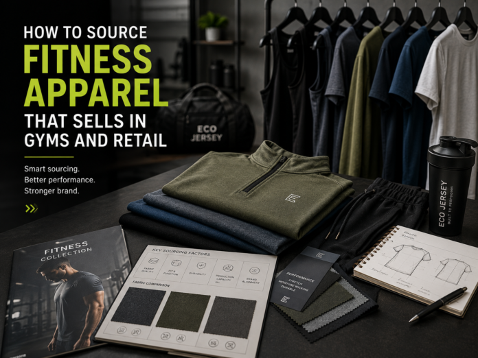 Fitness apparel sourcing workspace with activewear samples, fabric swatches, and modern sportswear collection setup.