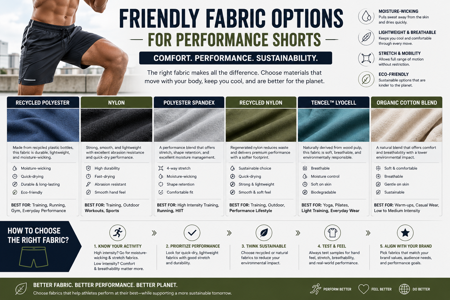 Friendly Fabric Options for Performance Shorts Modern editorial-style activewear image featuring eco-friendly performance shorts, sustainable fabric textures, and clean athletic apparel branding in a minimalist layout.