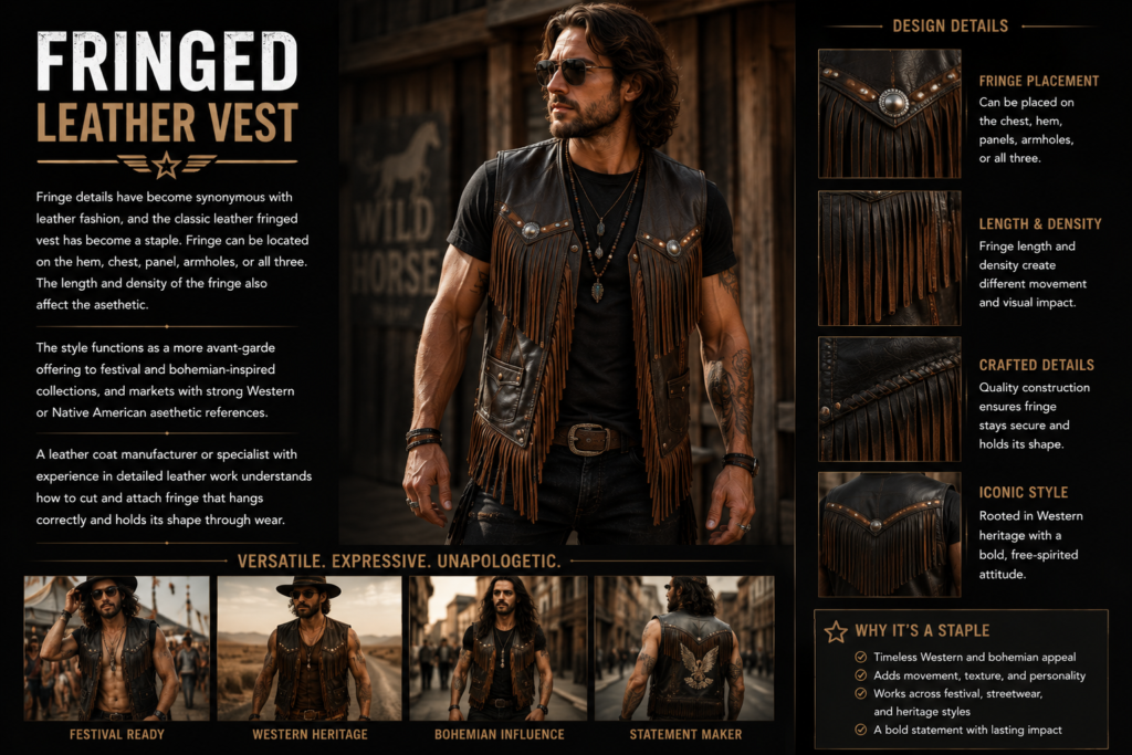 Brown and black fringed leather vest featuring Western-inspired fringe details on chest panels and hem construction.